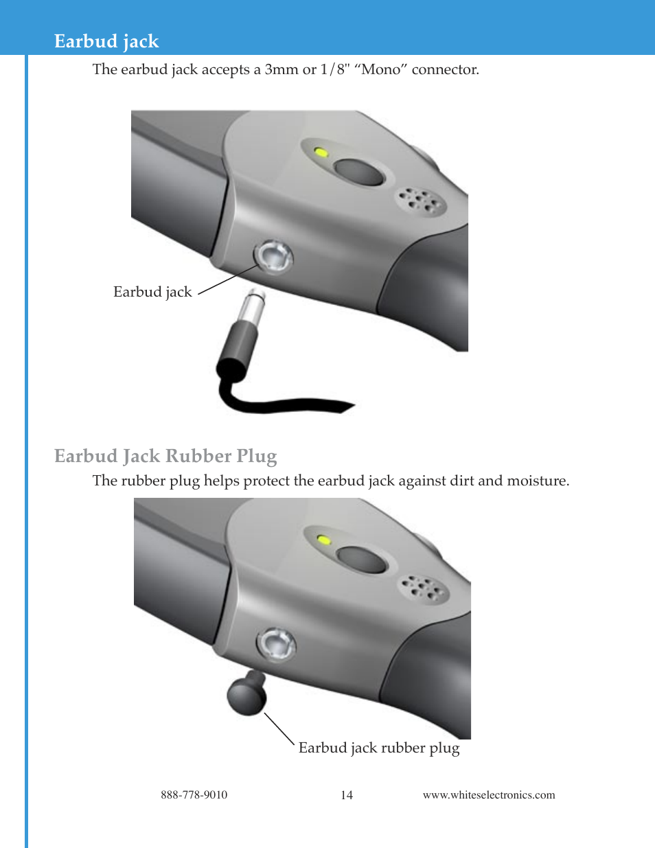 Earbud jack, Earbud jack rubber plug | White’s Electronics Matrix 100 - Color User Manual | Page 14 / 24