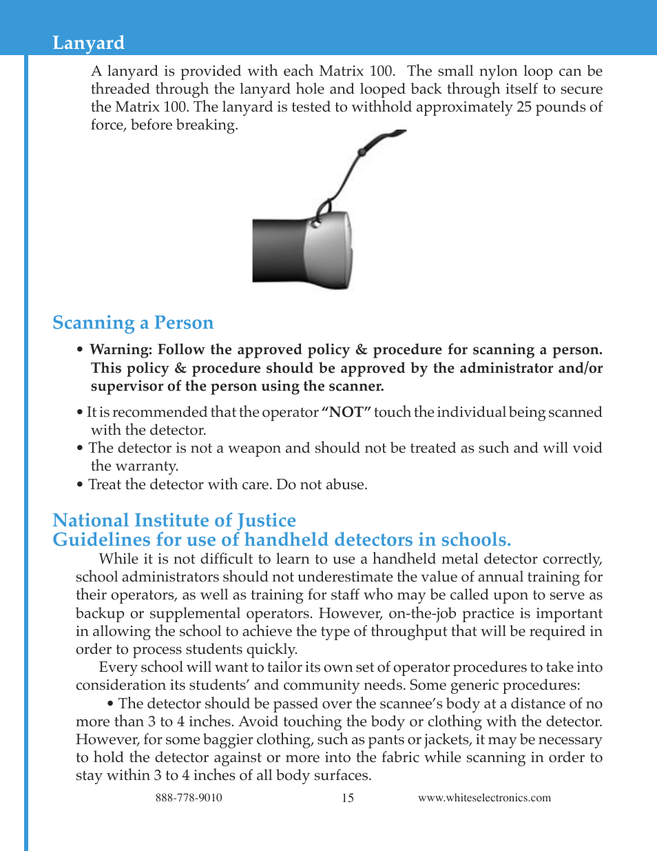 Lanyard, Scanning a person | White’s Electronics Matrix 100 - Color User Manual | Page 15 / 24