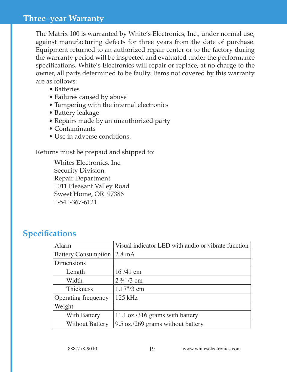 Speciﬁcations, Three–year warranty | White’s Electronics Matrix 100 - Color User Manual | Page 19 / 24