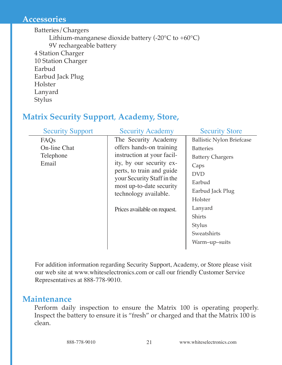 Accessories, Matrix security support , academy, store, Maintenance | White’s Electronics Matrix 100 - Color User Manual | Page 21 / 24