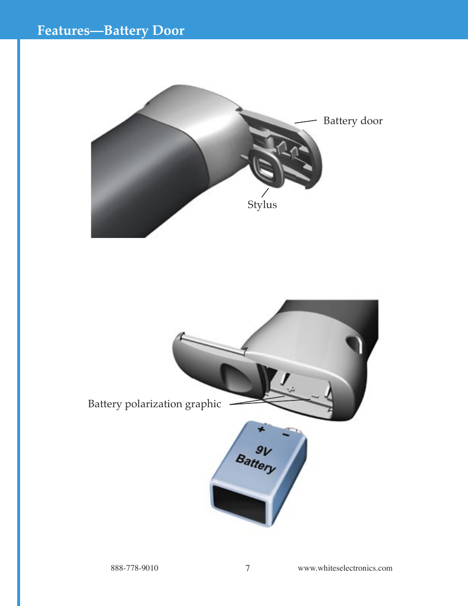Features—battery door | White’s Electronics Matrix 100 - Color User Manual | Page 7 / 24