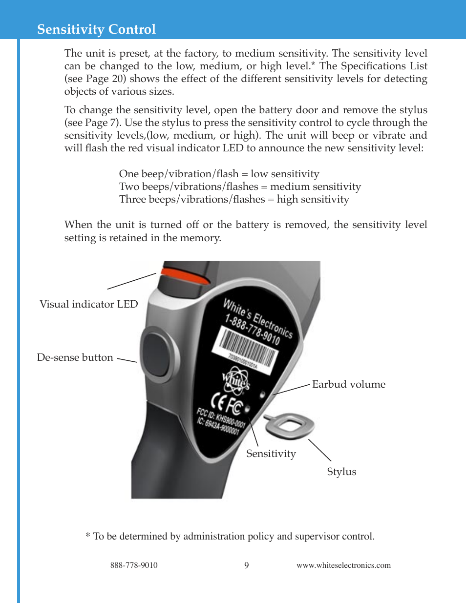 Sensitivity control | White’s Electronics Matrix 100 - Color User Manual | Page 9 / 24