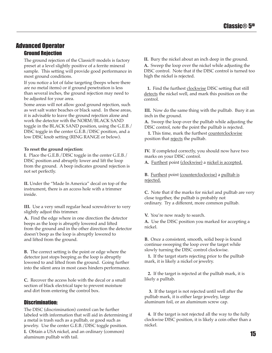 Classic® 5, 15 advanced operator | White’s Electronics Classic 5 ID User Manual | Page 15 / 20