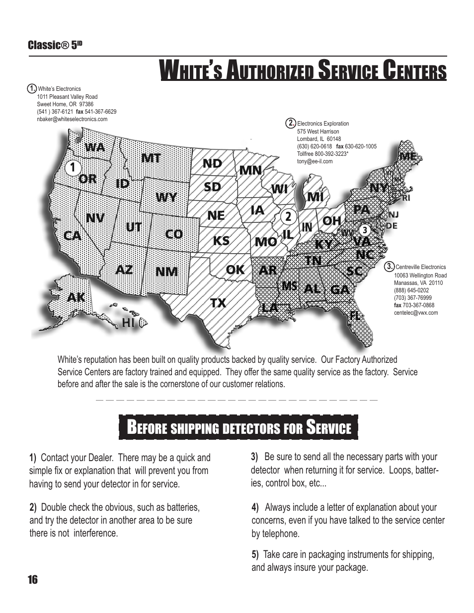 Hite, Uthorized, Ervice | Enters | White’s Electronics Classic 5 ID User Manual | Page 16 / 20