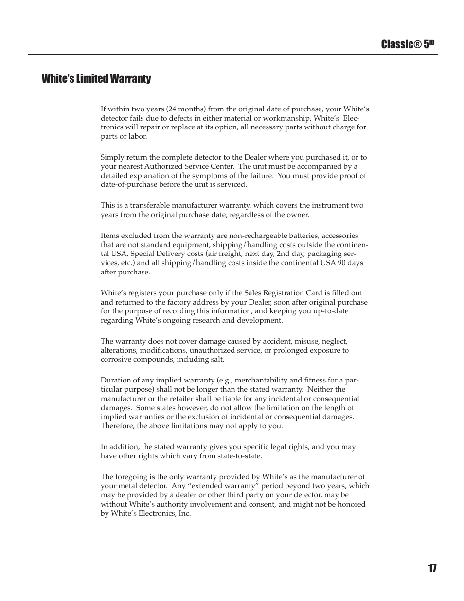 Classic® 5, 17 white’s limited warranty | White’s Electronics Classic 5 ID User Manual | Page 17 / 20
