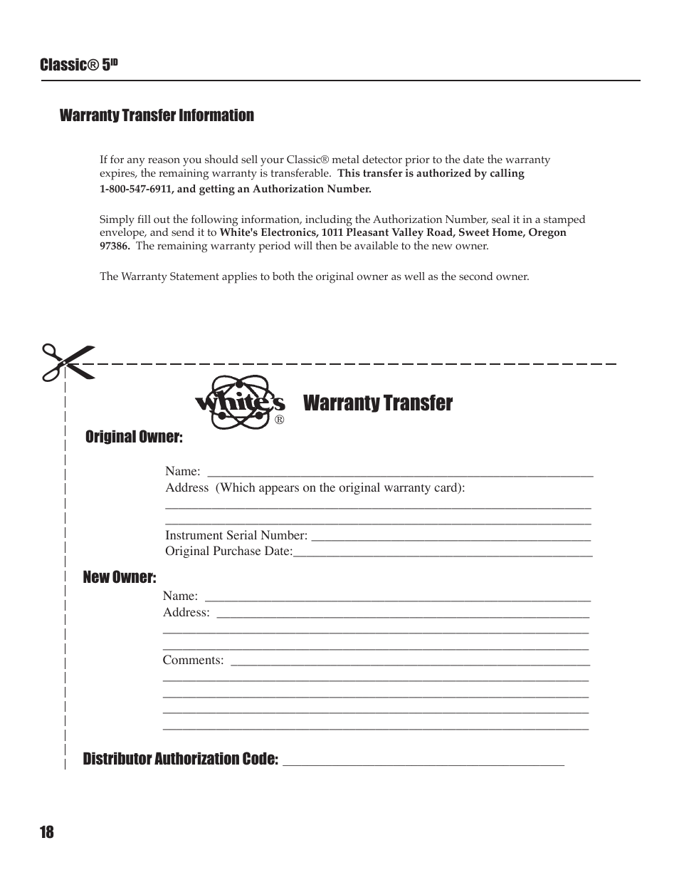 Warranty transfer | White’s Electronics Classic 5 ID User Manual | Page 18 / 20