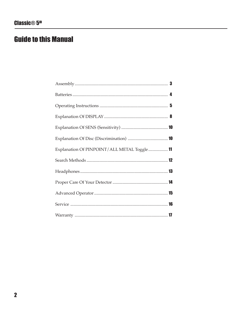 Guide to this manual | White’s Electronics Classic 5 ID User Manual | Page 2 / 20