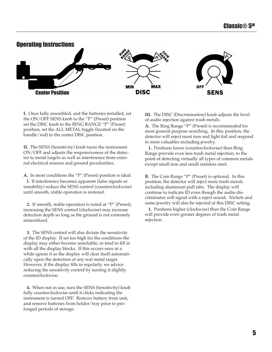Classic® 5, Operating instructions | White’s Electronics Classic 5 ID User Manual | Page 5 / 20