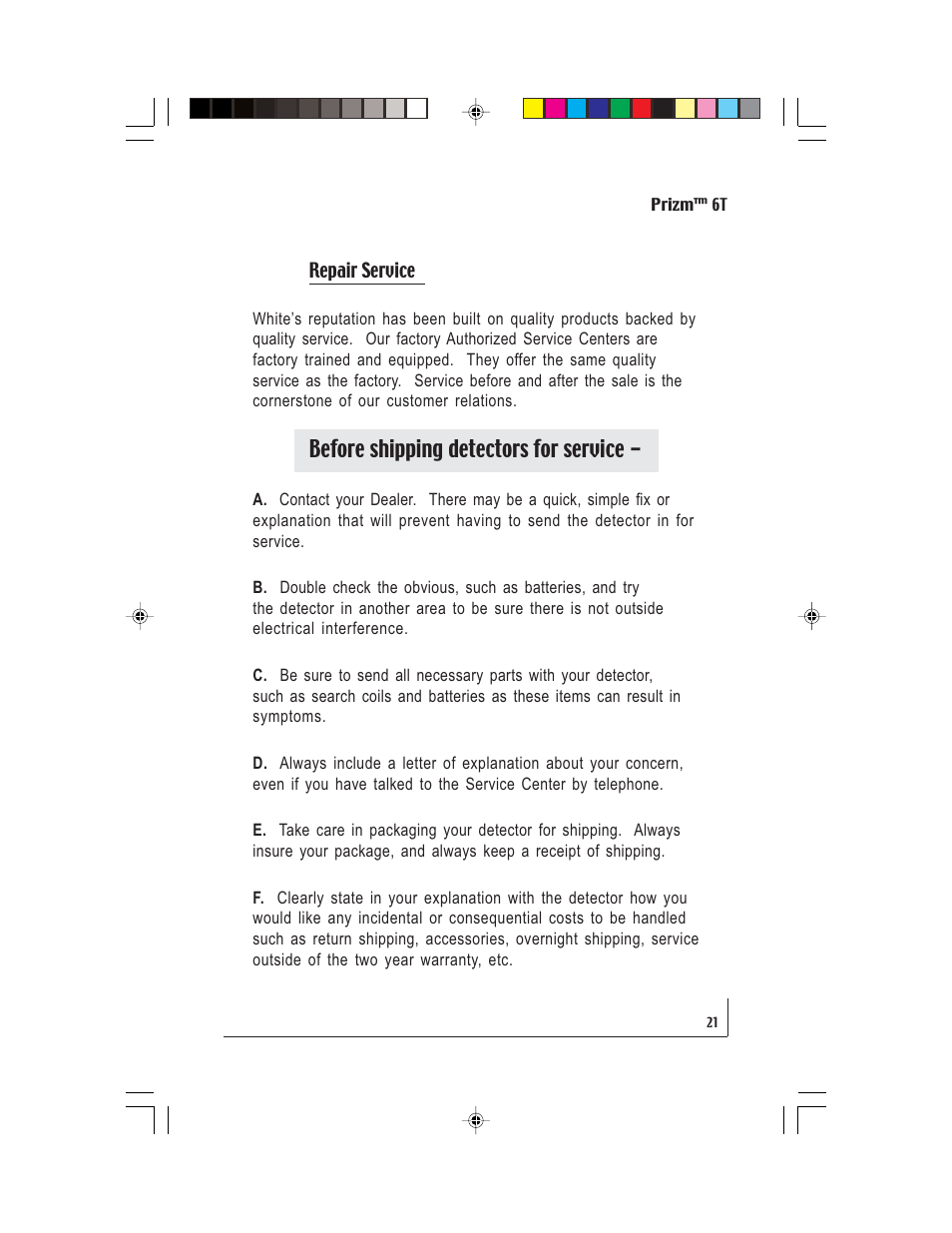 Before shipping detectors for service | White’s Electronics Prizm 6T User Manual | Page 21 / 32