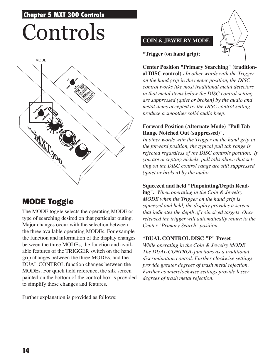 Controls, Mode toggle | White’s Electronics MXT 300 User Manual | Page 14 / 36