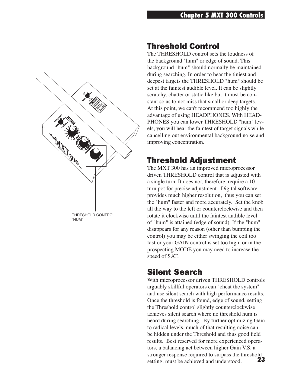 Threshold control, Threshold adjustment, Silent search | White’s Electronics MXT 300 User Manual | Page 23 / 36