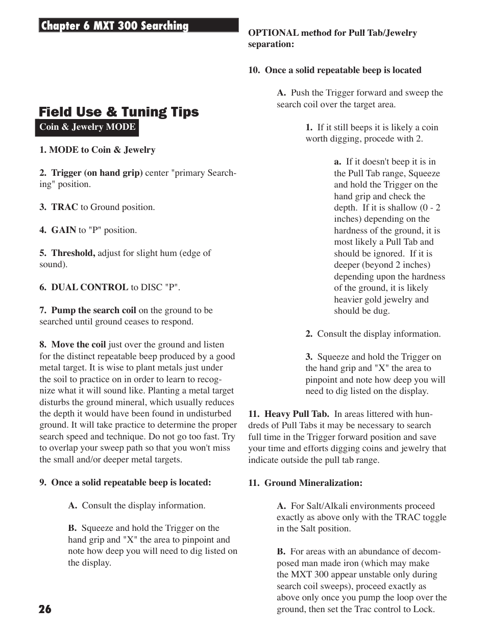 Field use & tuning tips | White’s Electronics MXT 300 User Manual | Page 26 / 36