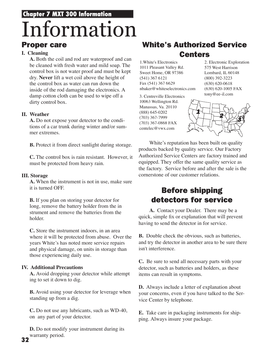 Information, Proper care | White’s Electronics MXT 300 User Manual | Page 32 / 36