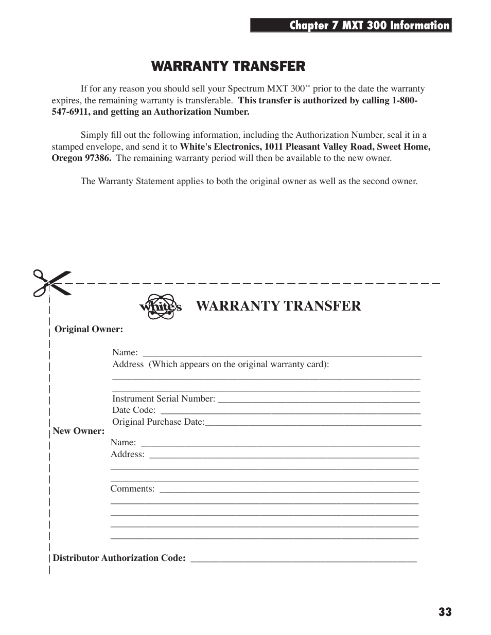Warranty transfer | White’s Electronics MXT 300 User Manual | Page 33 / 36