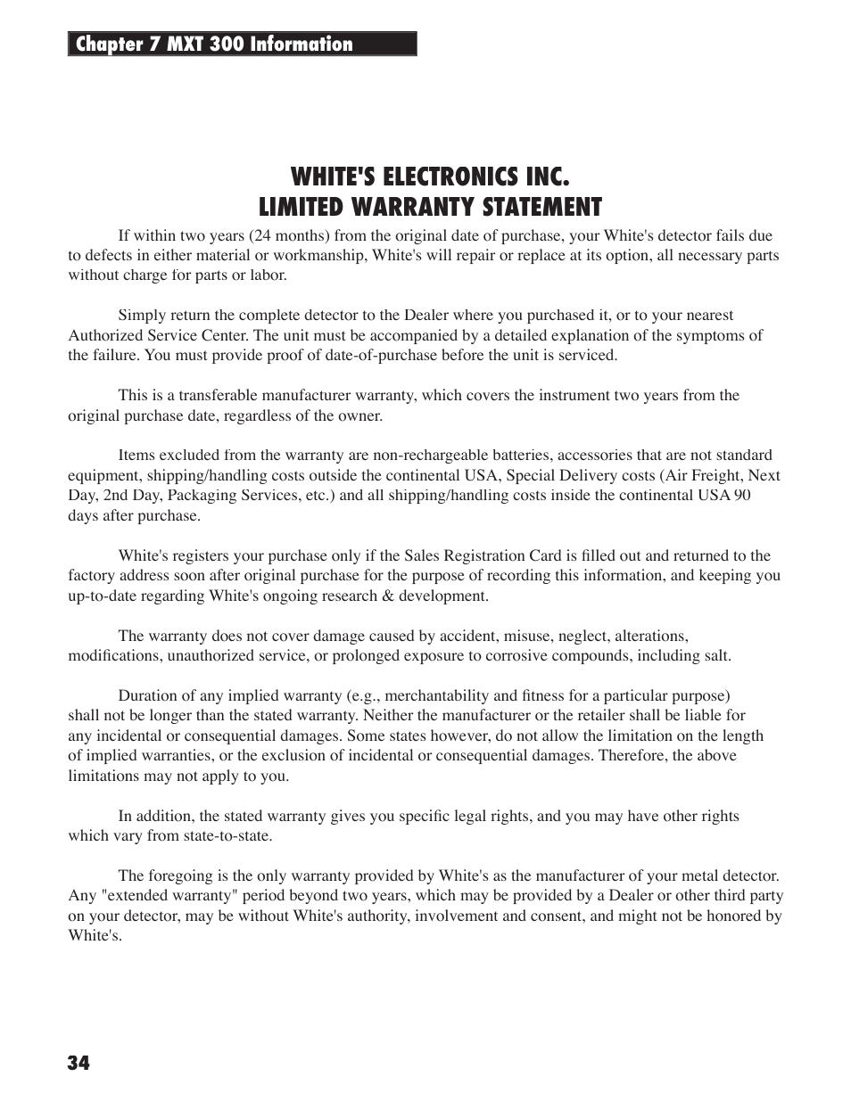 White’s Electronics MXT 300 User Manual | Page 34 / 36