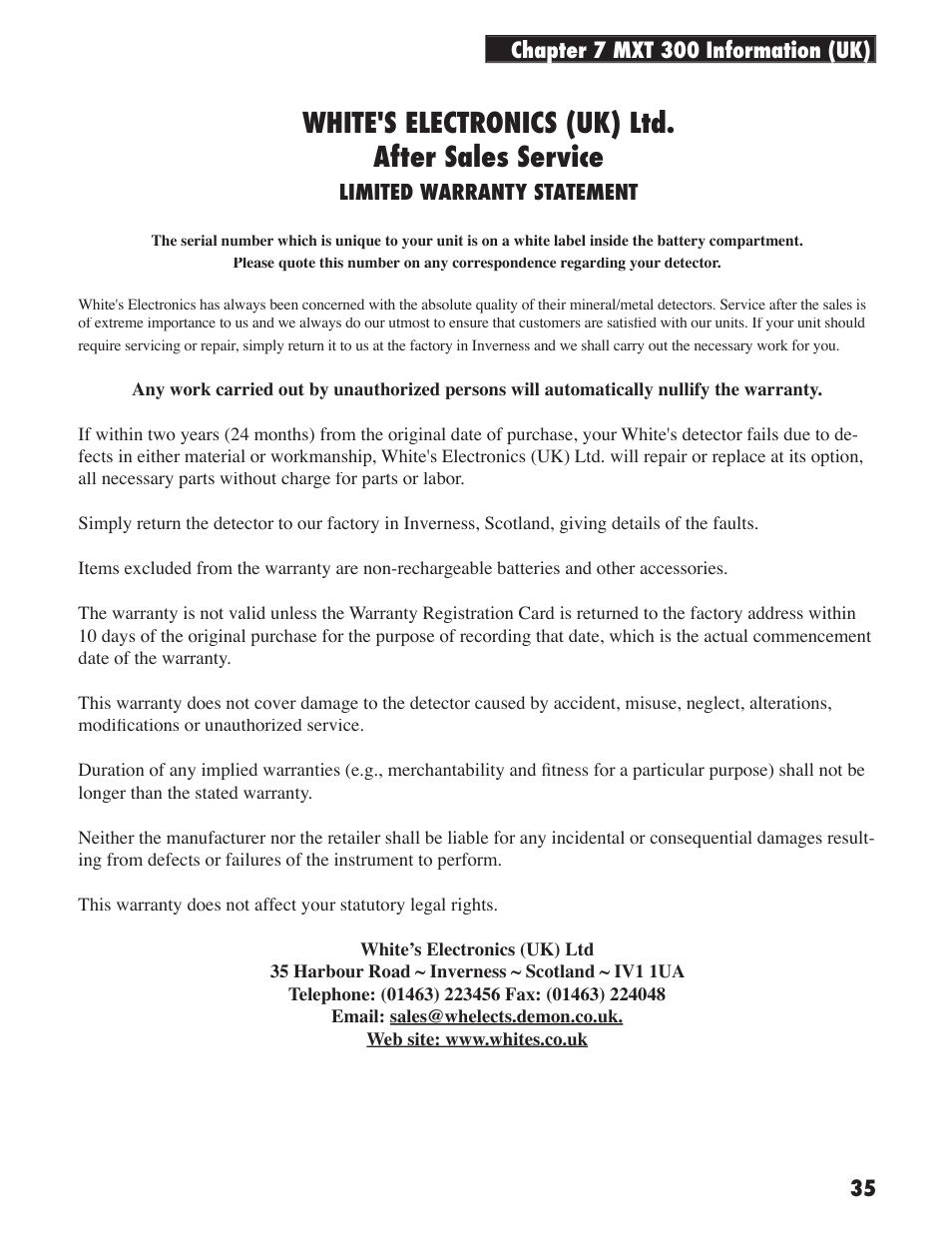 White's electronics (uk) ltd. after sales service | White’s Electronics MXT 300 User Manual | Page 35 / 36