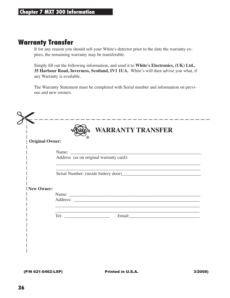 Warranty transfer | White’s Electronics MXT 300 User Manual | Page 36 / 36