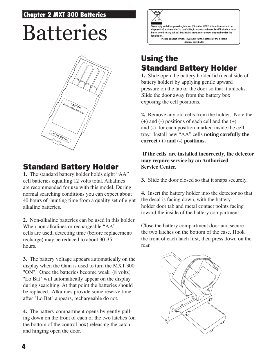 Batteries, Using the standard battery holder, Standard battery holder | White’s Electronics MXT 300 User Manual | Page 4 / 36