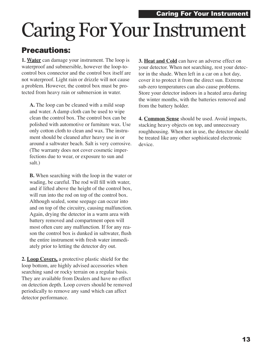 Caring for your instrument, Precautions | White’s Electronics Sierra Madre User Manual | Page 13 / 32