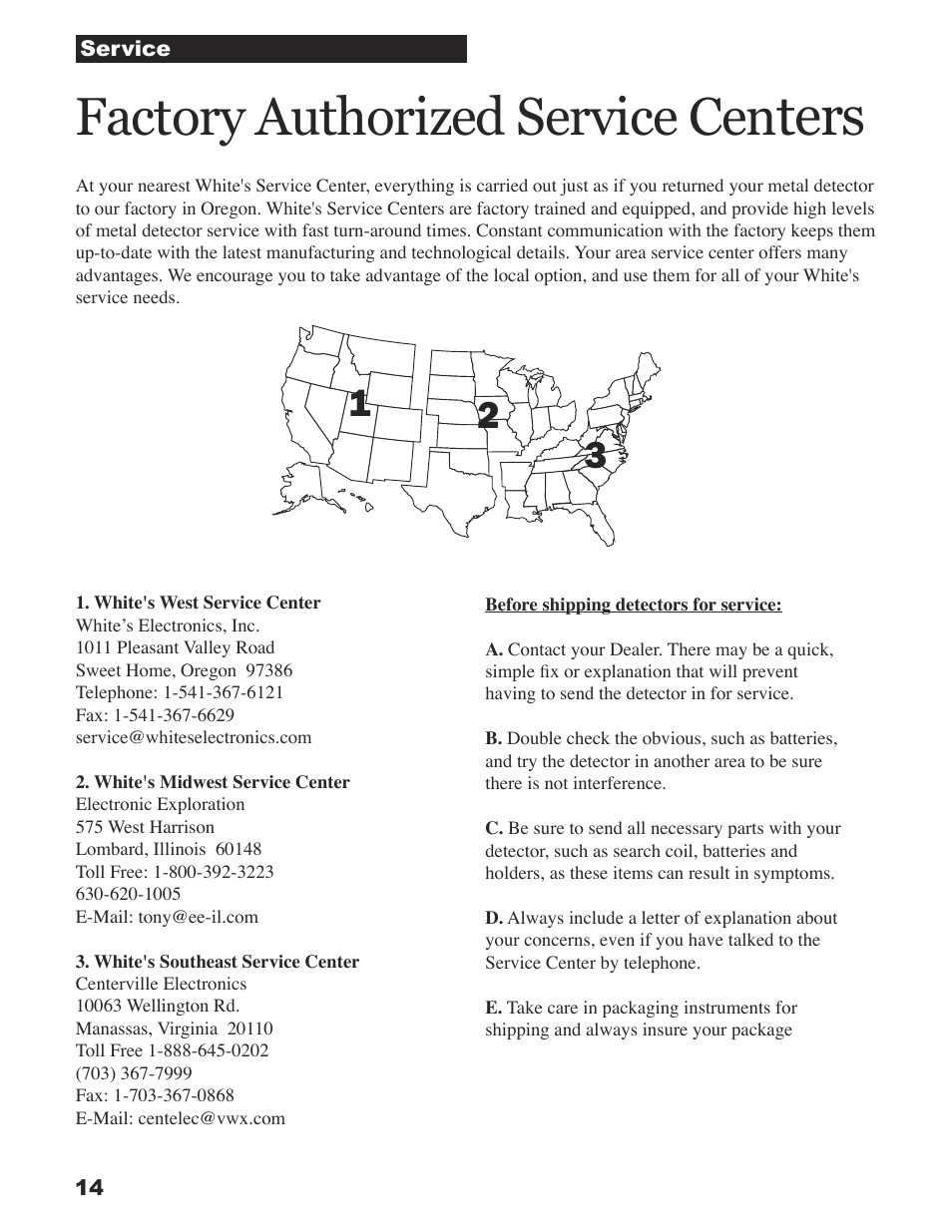 Ters, Factory authorized service cen | White’s Electronics Sierra Madre User Manual | Page 14 / 32