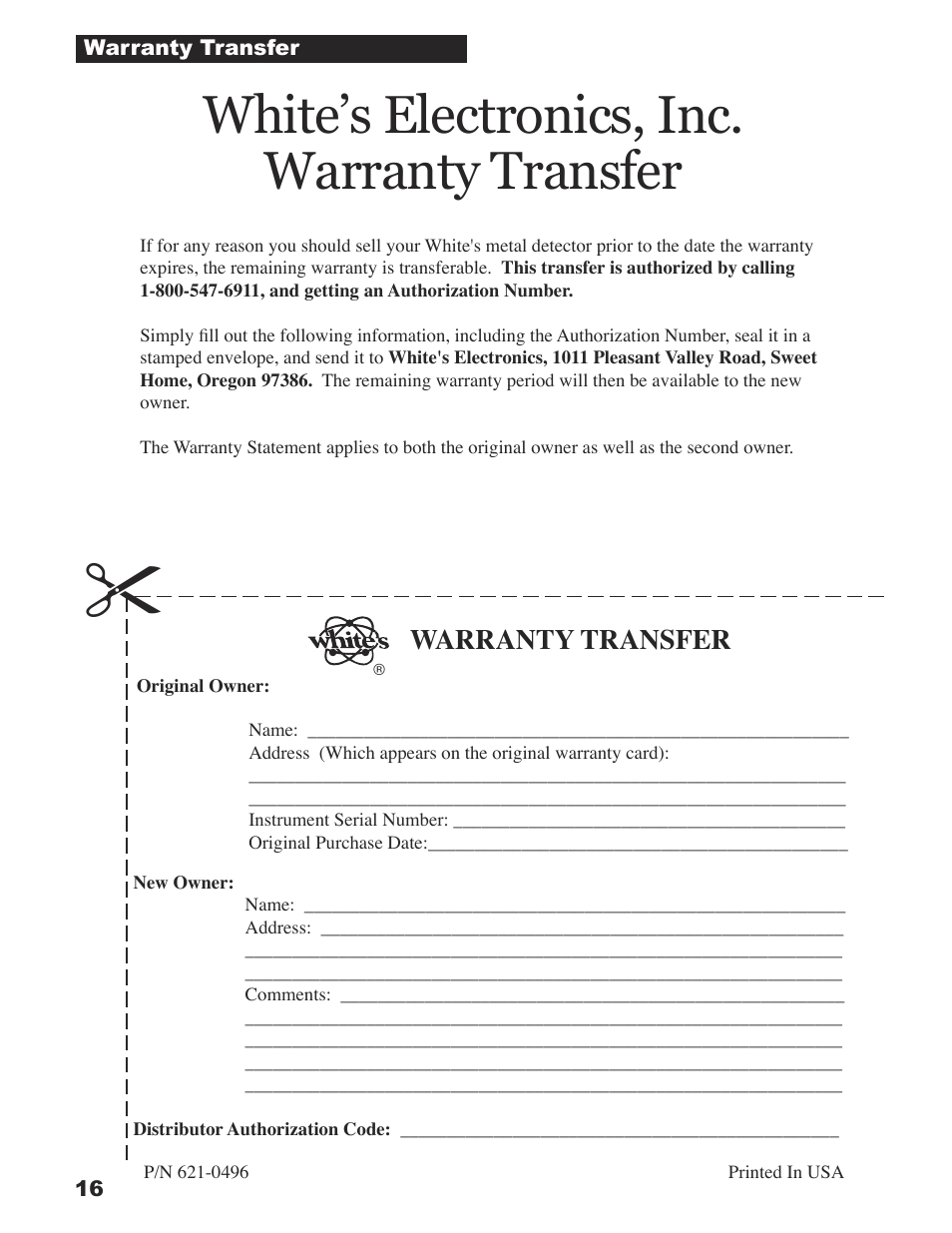 White’s electronics, inc. warranty transfer, Warranty transfer | White’s Electronics Sierra Madre User Manual | Page 16 / 32