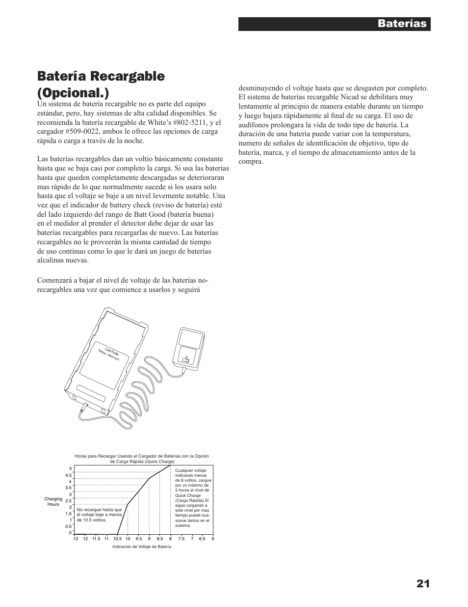 Batería recargable (opcional.), 21 baterías | White’s Electronics Sierra Madre User Manual | Page 21 / 32