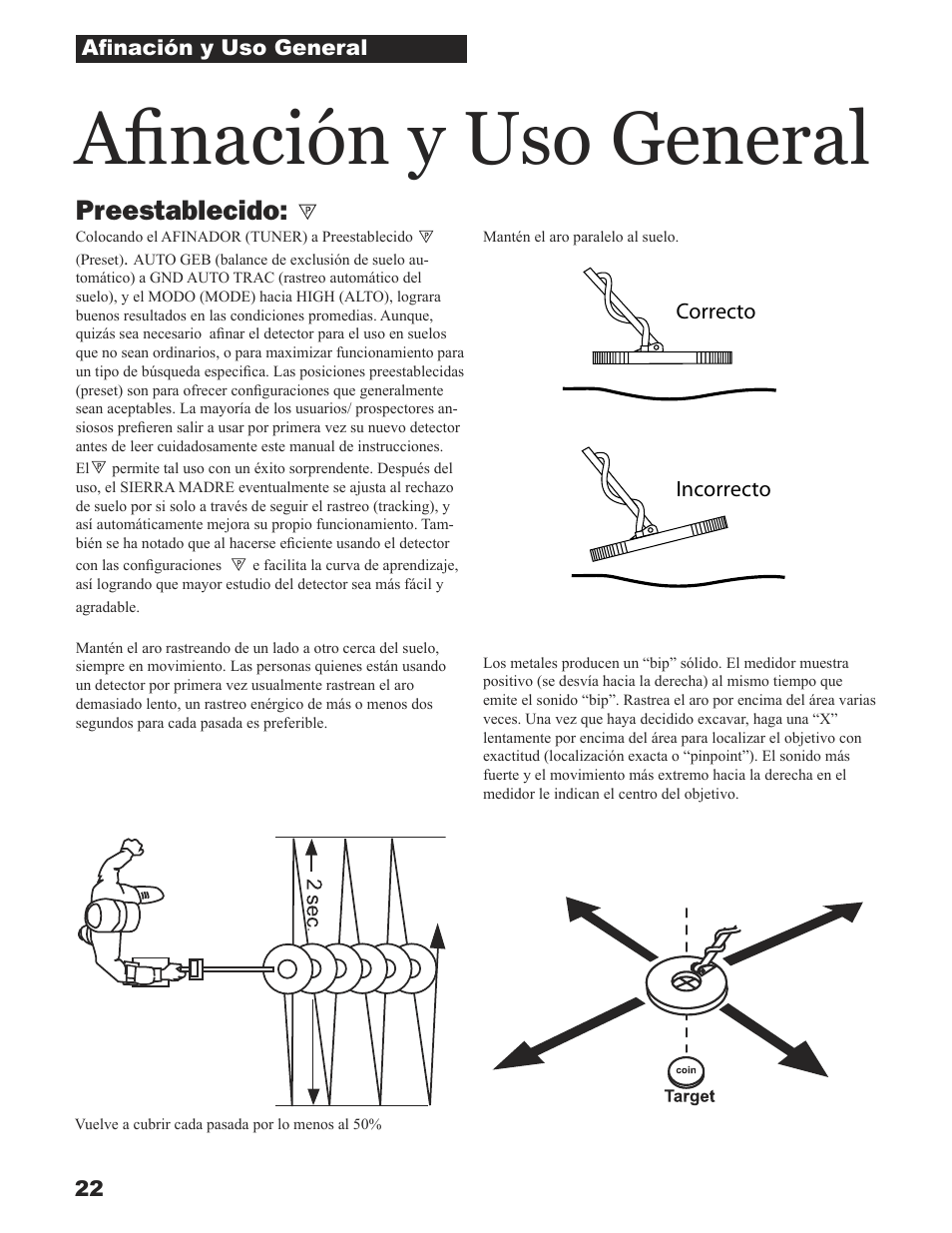 Aﬁnación y uso general, Preestablecido | White’s Electronics Sierra Madre User Manual | Page 22 / 32