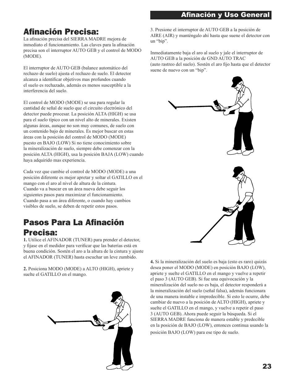 Aﬁnación precisa, Pasos para la aﬁnación precisa | White’s Electronics Sierra Madre User Manual | Page 23 / 32