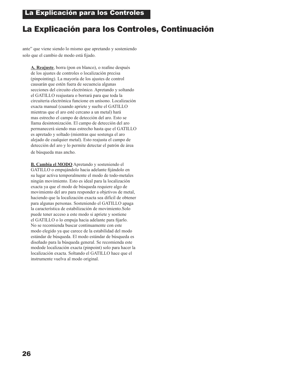 La explicación para los controles, continuación | White’s Electronics Sierra Madre User Manual | Page 26 / 32