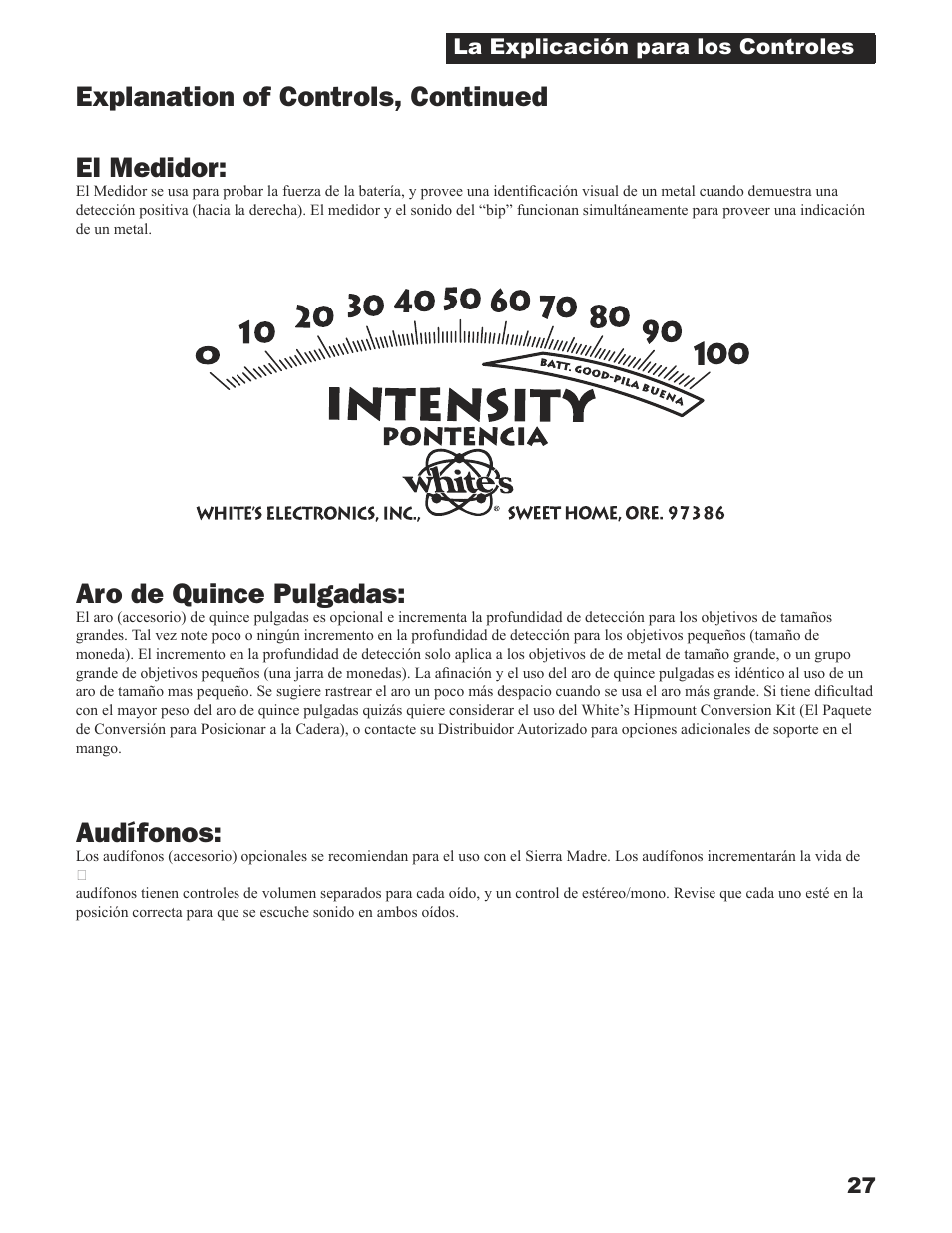 El medidor, Aro de quince pulgadas, Audífonos | Explanation of controls, continued | White’s Electronics Sierra Madre User Manual | Page 27 / 32