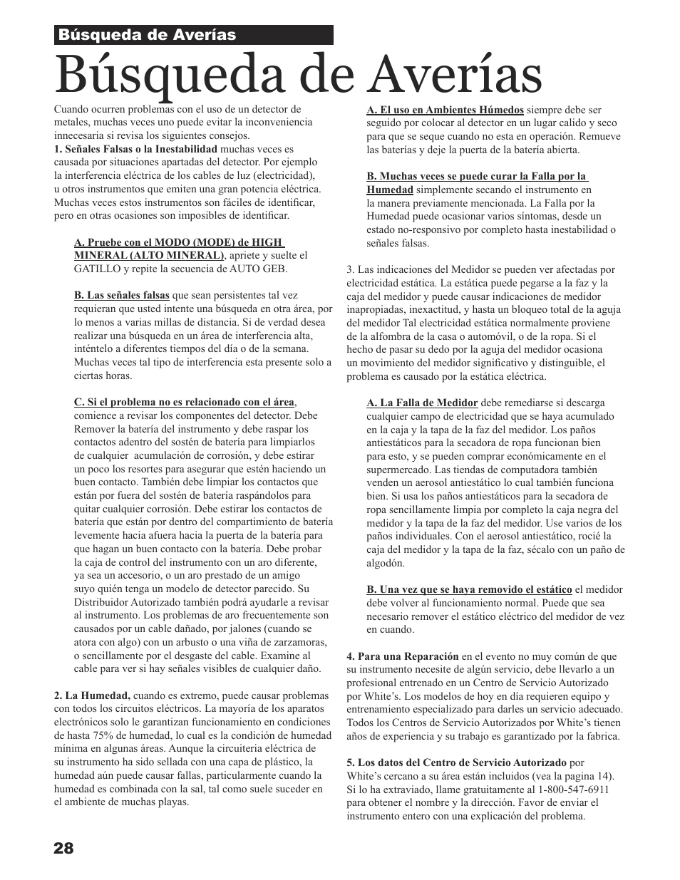 Búsqueda de averías | White’s Electronics Sierra Madre User Manual | Page 28 / 32