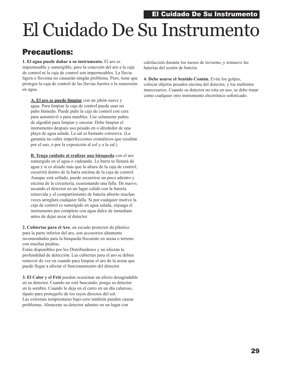 El cuidado de su instrumento, Precautions | White’s Electronics Sierra Madre User Manual | Page 29 / 32