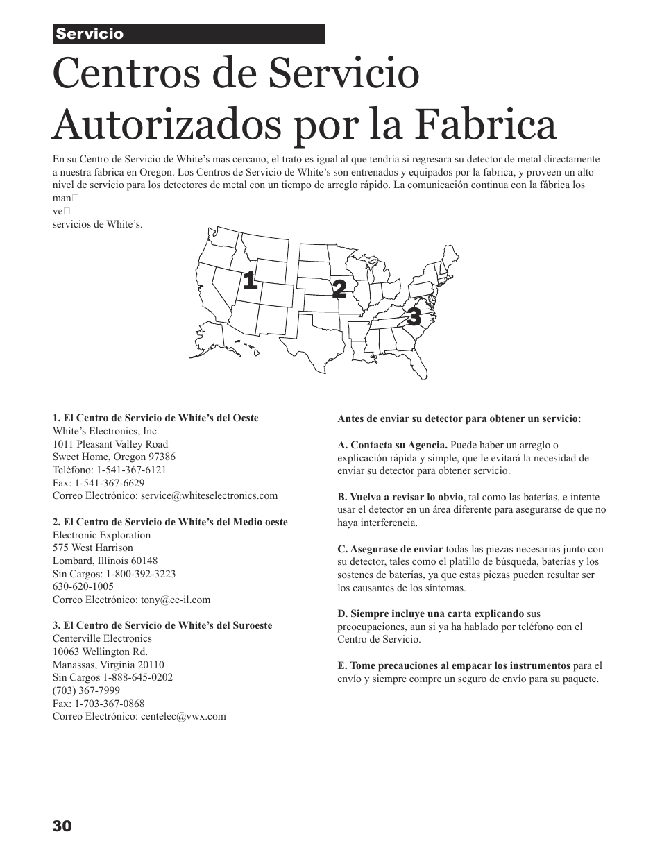 Centros de servicio autorizados por la fabrica | White’s Electronics Sierra Madre User Manual | Page 30 / 32