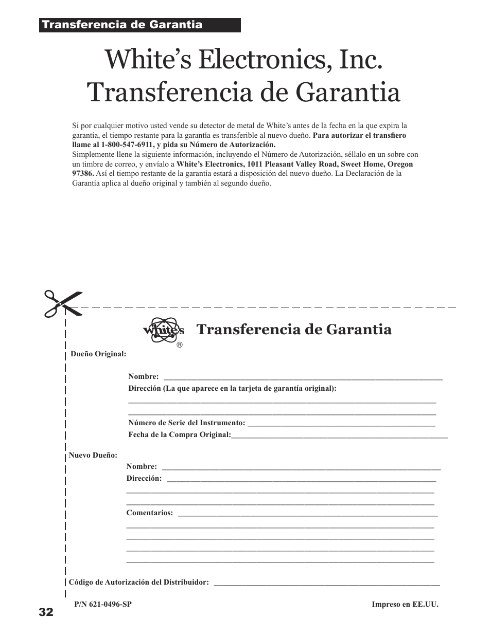 Transferencia de garantia | White’s Electronics Sierra Madre User Manual | Page 32 / 32