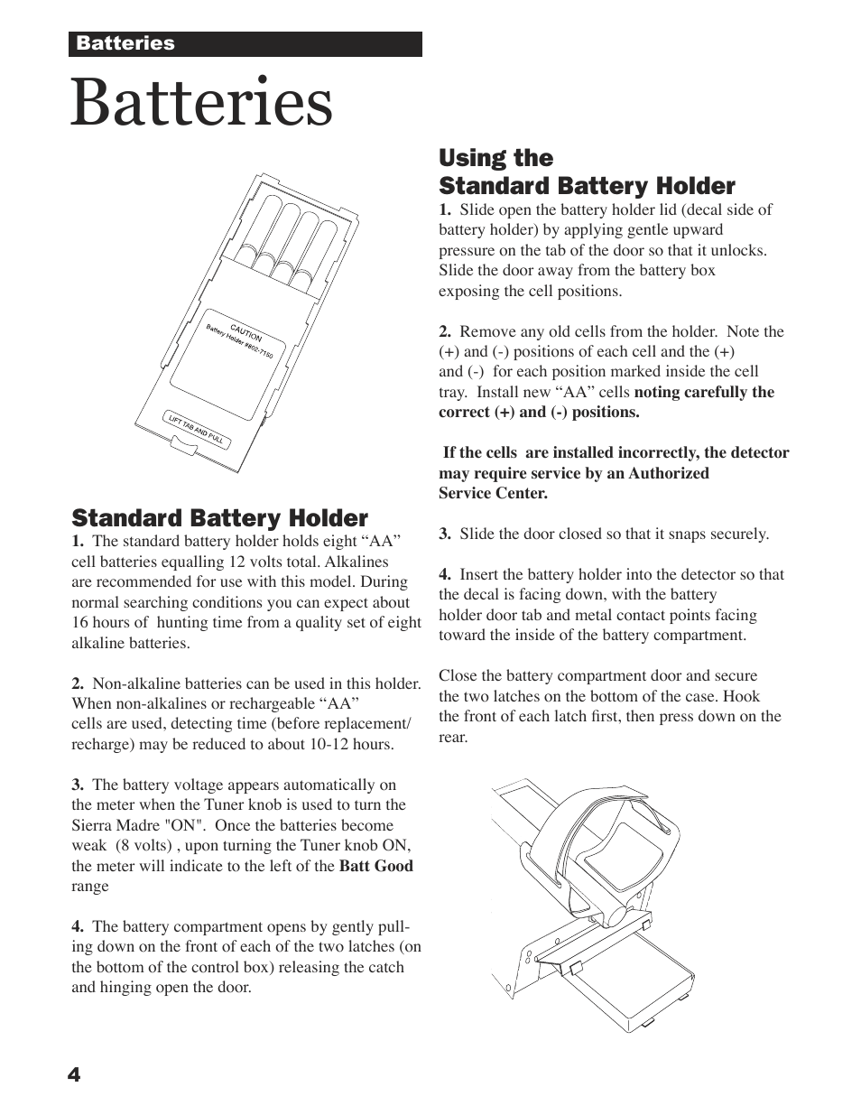 Batteries, Using the standard battery holder, Standard battery holder | White’s Electronics Sierra Madre User Manual | Page 4 / 32