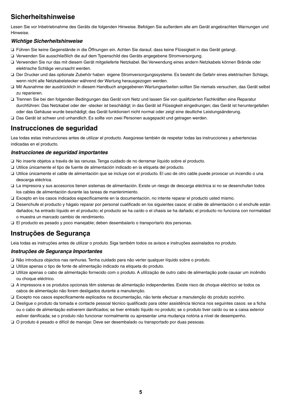 Spectroproofer mounter setup guide rev. c, Sicherheitshinweise, Instrucciones de seguridad | Instruções de segurança | Epson Stylus Pro 7900 User Manual | Page 5 / 24