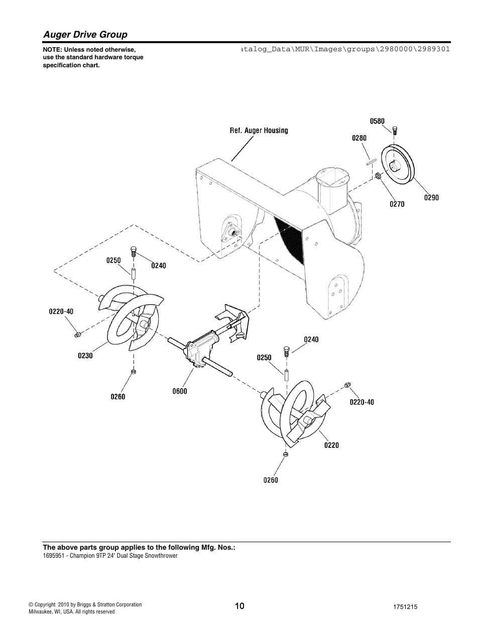 Auger drive group | CHAMPION ST761BS User Manual | Page 10 / 28