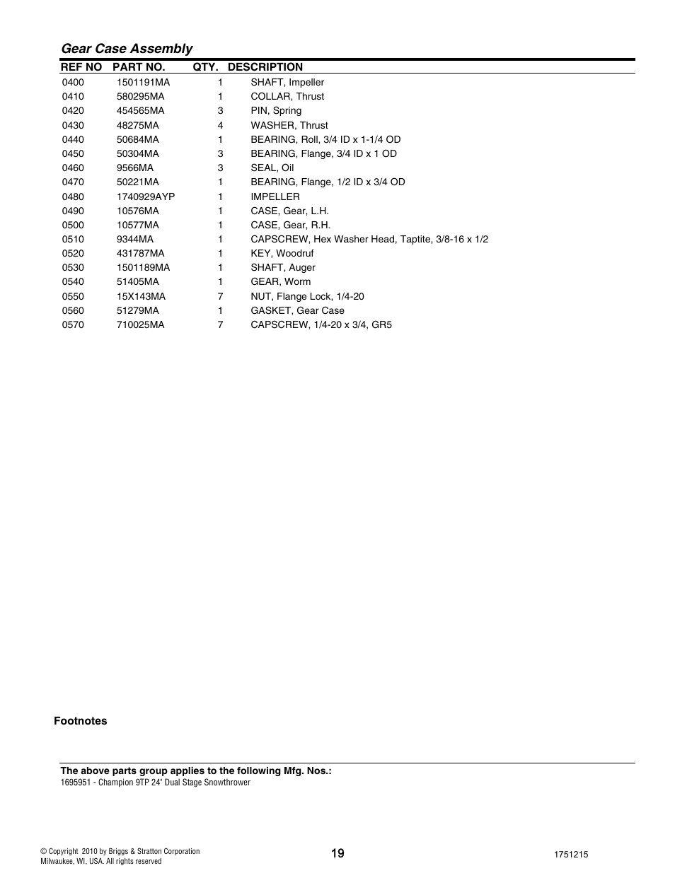 Gear case assembly | CHAMPION ST761BS User Manual | Page 19 / 28