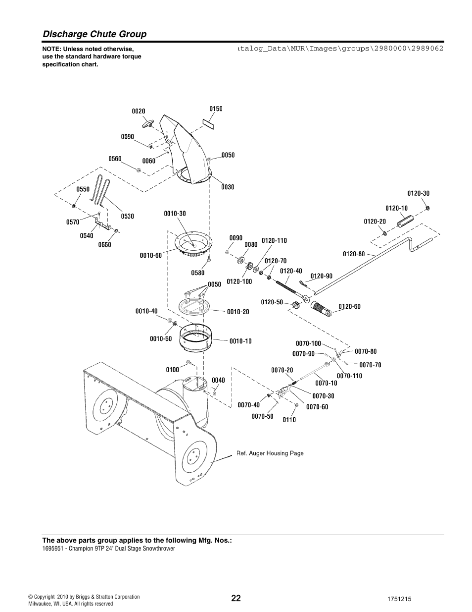 Discharge chute group | CHAMPION ST761BS User Manual | Page 22 / 28