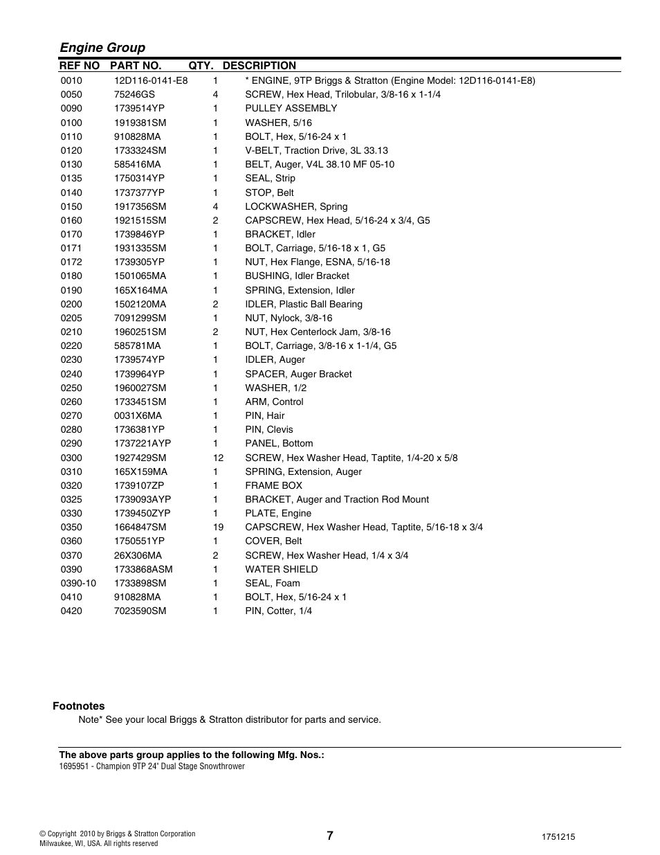 Engine group | CHAMPION ST761BS User Manual | Page 7 / 28