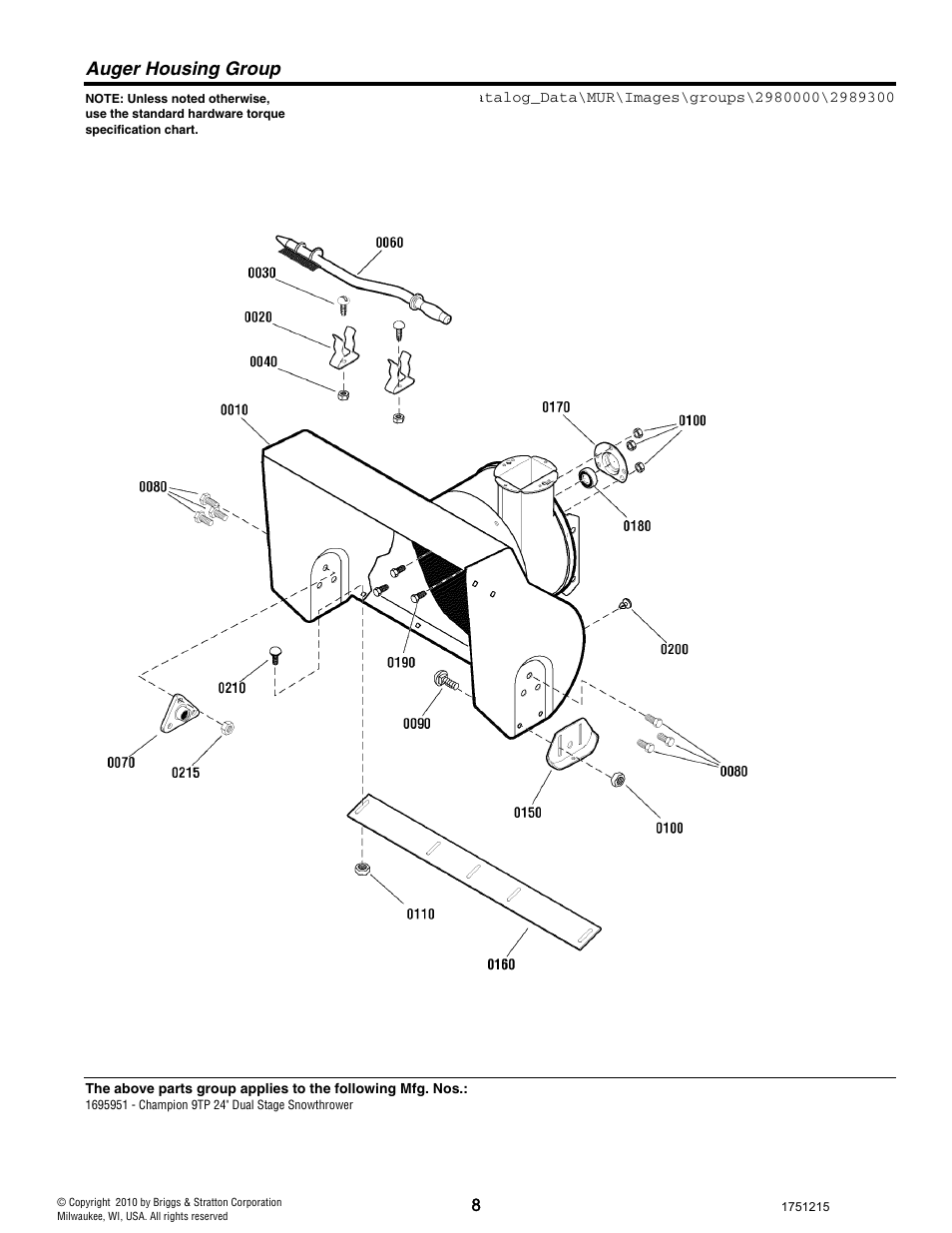 Auger housing group | CHAMPION ST761BS User Manual | Page 8 / 28