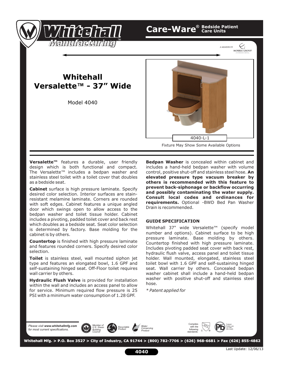 Whitehall Manufacturing 4040 User Manual | 2 pages