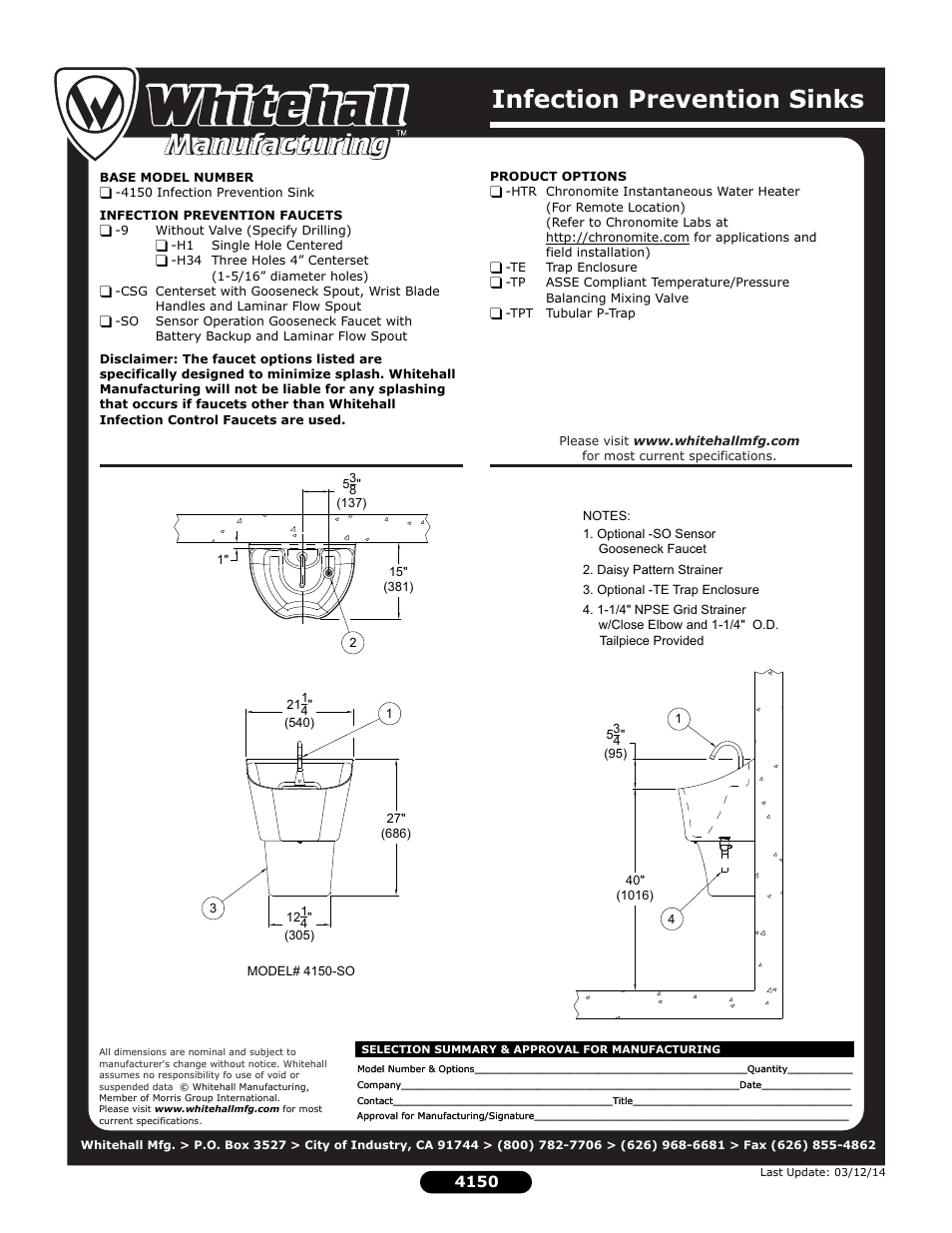 Infection prevention sinks | Whitehall Manufacturing 4150 User Manual | Page 2 / 2