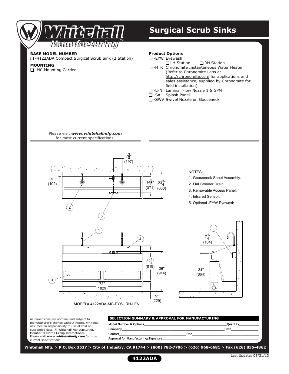 Surgical scrub sinks, 4122ada | Whitehall Manufacturing 4122ADA User Manual | Page 2 / 2