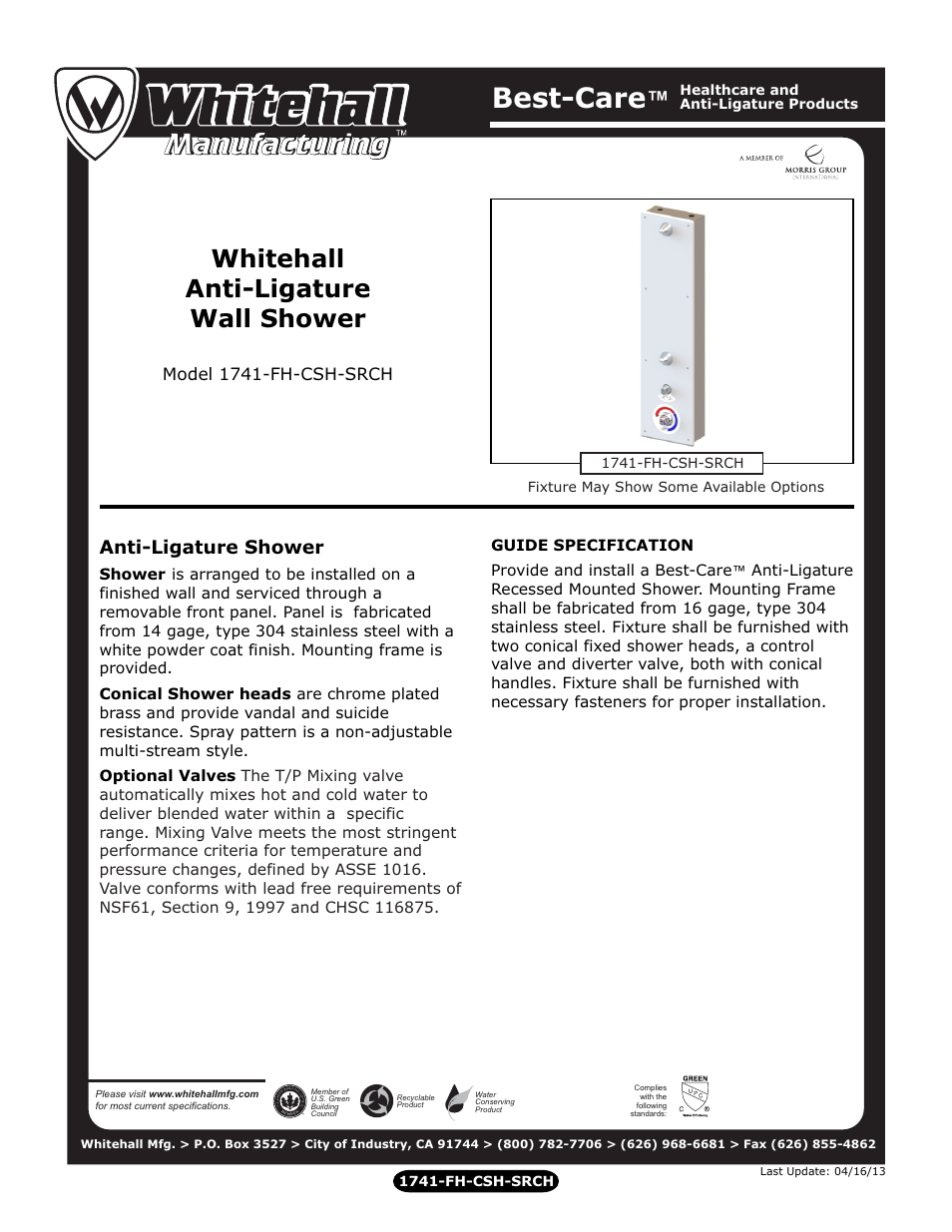 Whitehall Manufacturing 1741-FH-CSH-SRCH User Manual | 2 pages