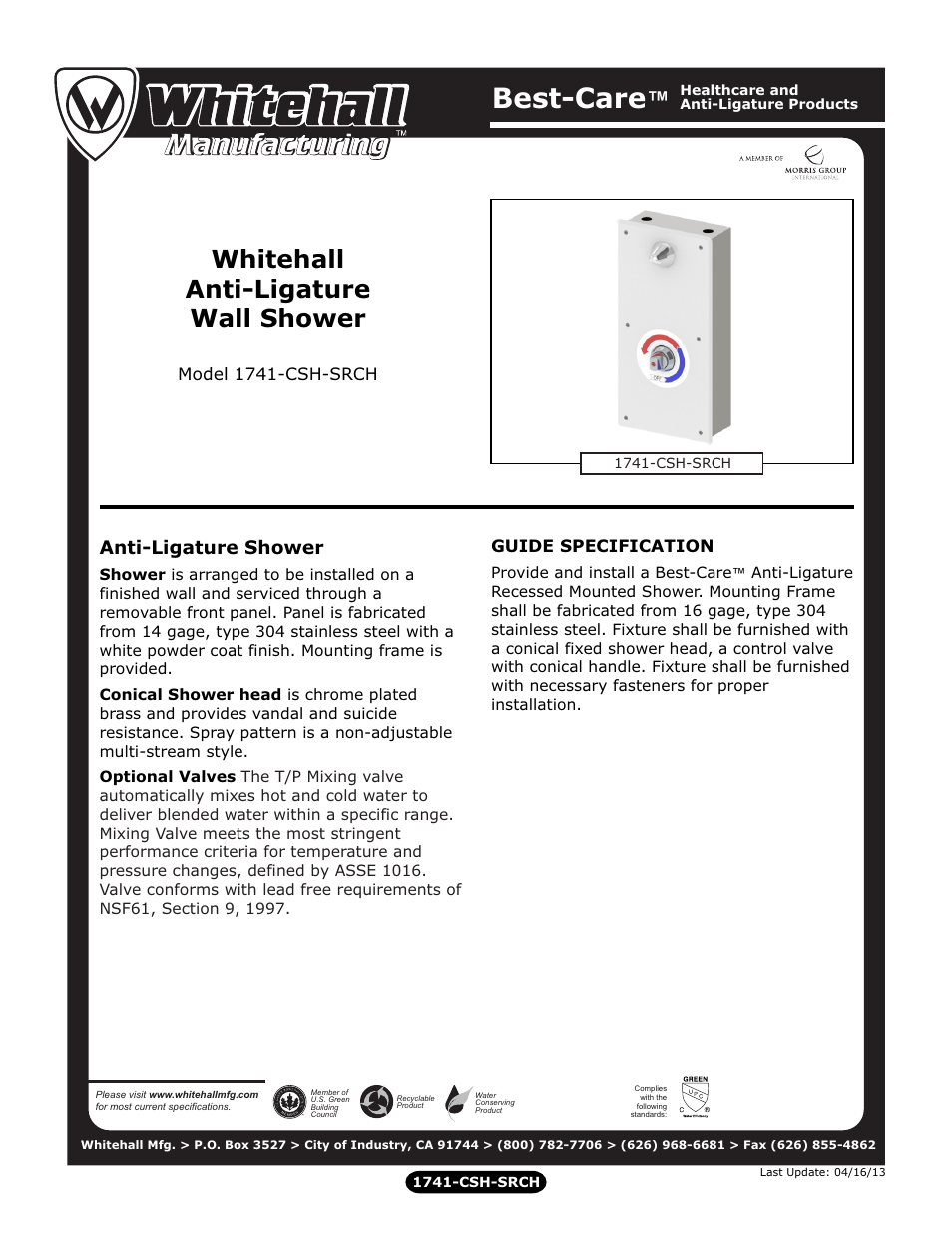 Whitehall Manufacturing 1741-CSH-SRCH User Manual | 2 pages