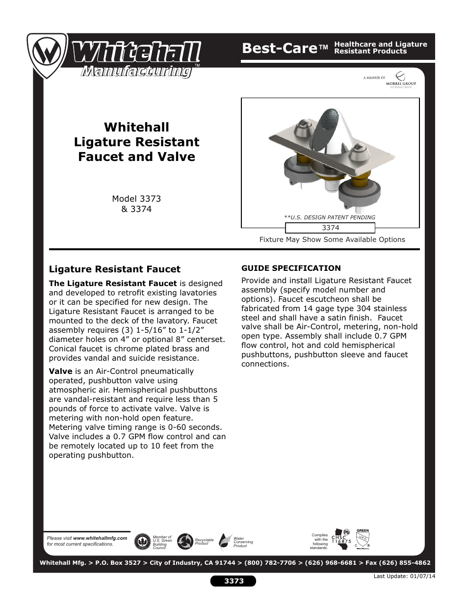 Whitehall Manufacturing 3374 User Manual | 2 pages