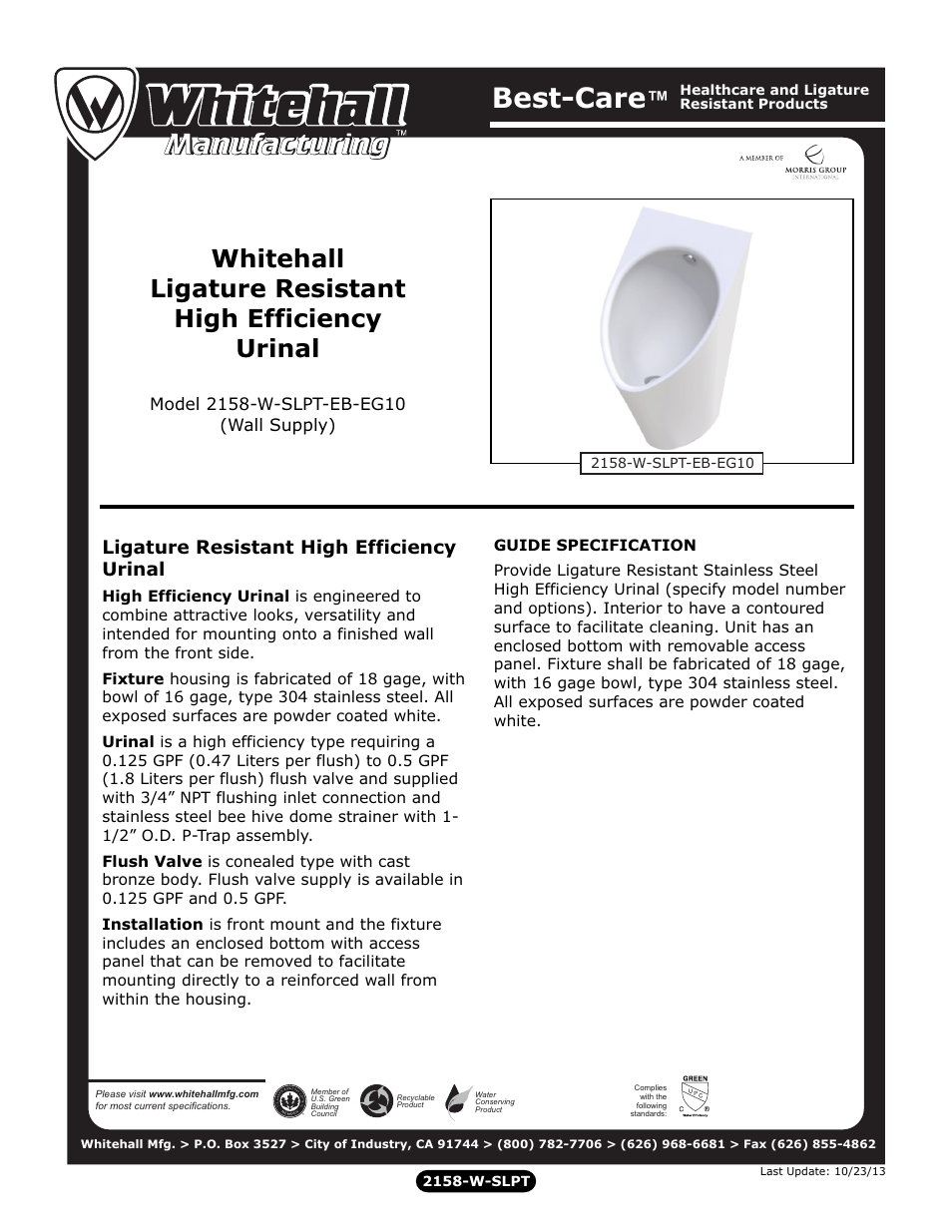 Whitehall Manufacturing 2158-W-SLPT-EB-EG10 User Manual | 2 pages