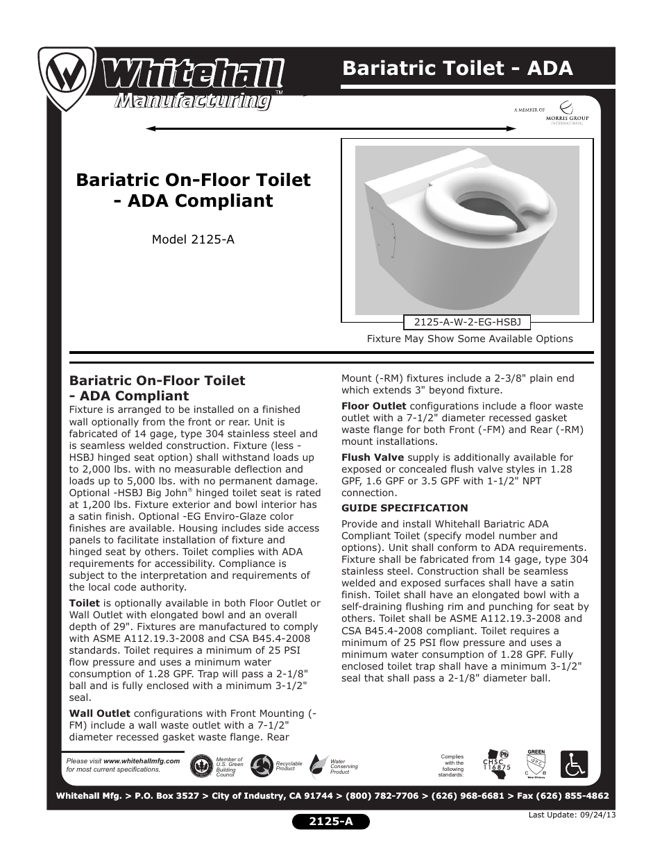 Whitehall Manufacturing 2125-A User Manual | 2 pages