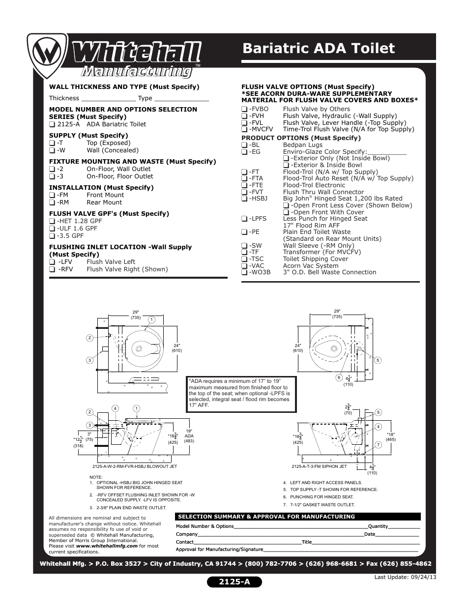 Bariatric ada toilet, 2125-a | Whitehall Manufacturing 2125-A User Manual | Page 2 / 2